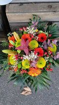 Bouquet Or d'Automne - gerberas orange, chrysanthèmes jaunes et verts, lys et hypericum