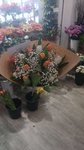 Bouquet Aurore Printanière - tulipes orange et blanches, ponctuées d'un nuage de gypsophile